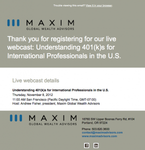 Maxim Advisors registration confirmation email image