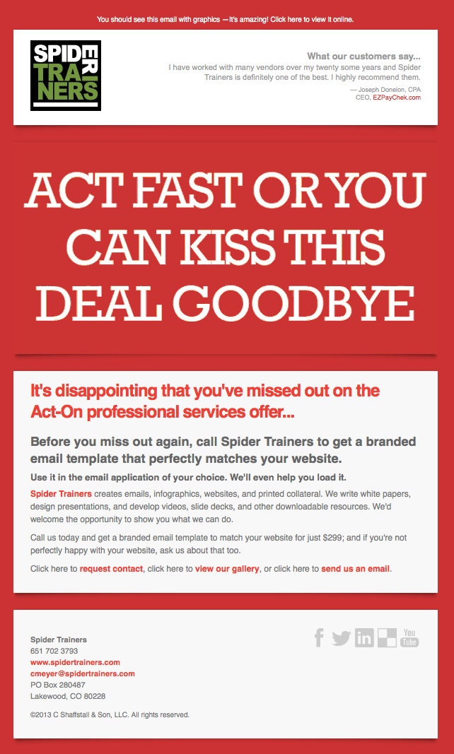 Spider Trainers' Kiss This Deal Goodbye animated blast email image