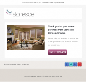 Stoneside Blinds & Shades give us your feedback confirmation email image
